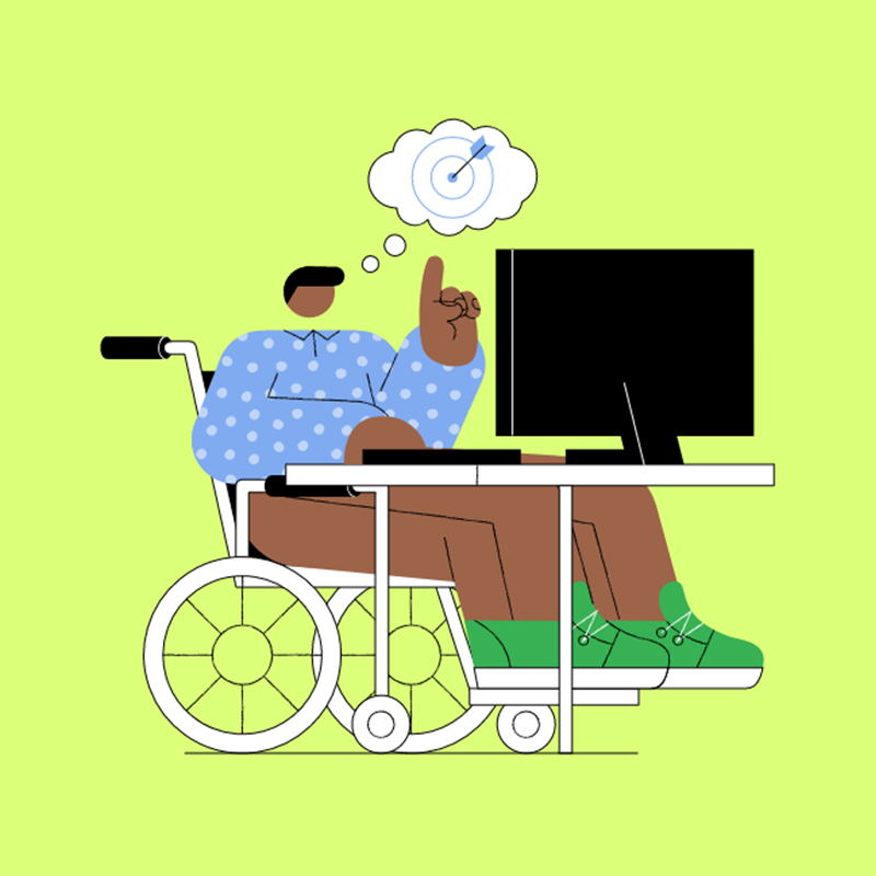 Disegno stilizzato uomo su sedia a rotelle davanti computer